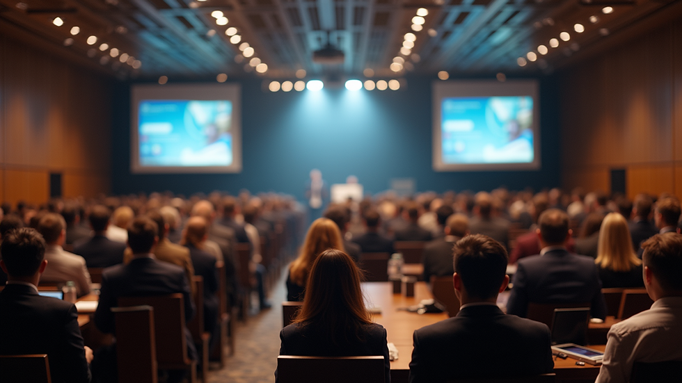 Wide angle view of a conference hall filled with attendees