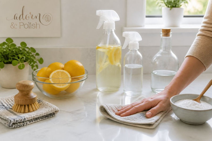 Person wiping a kitchen counter with the best eco friendly home cleaning products like vinegar and lemons