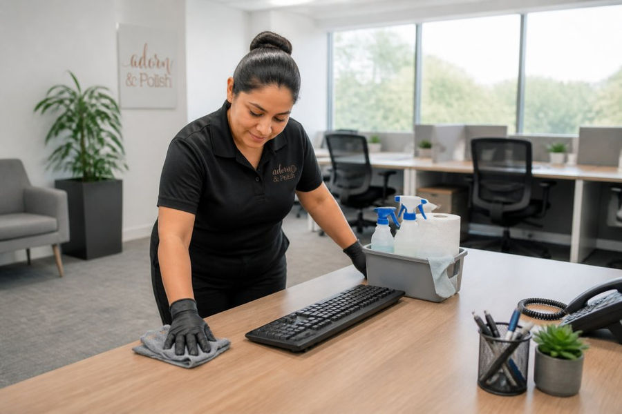 Professional office cleaners wiping down a shared desk and keyboard in a modern workspace