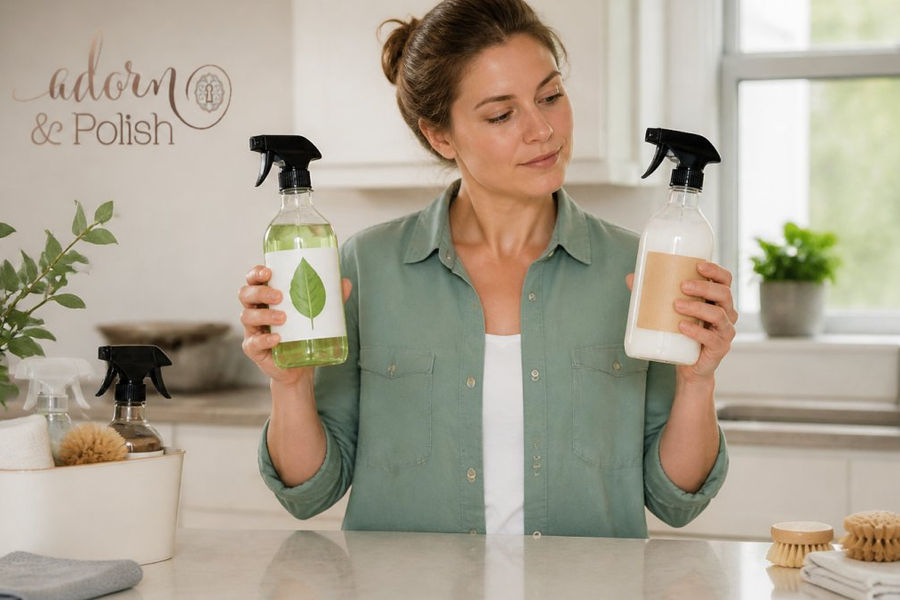 A person in a bright kitchen holding two spray bottles side by side, one with a green leaf label and one with a traditional label, comparing them thoughtfully