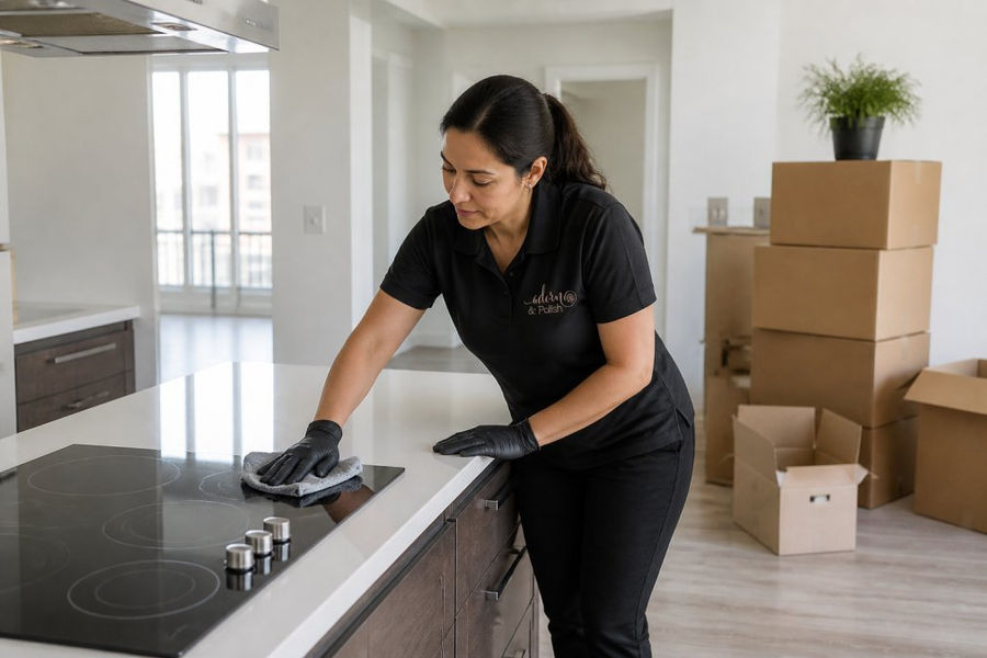 Professional move out cleaners wiping down a kitchen counter in an empty apartment with moving boxes nearby
