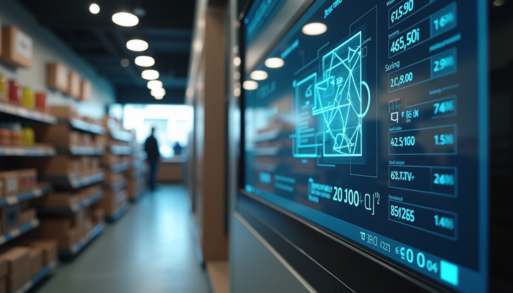 Eye-level view of a small shop with AI-powered inventory system on screen