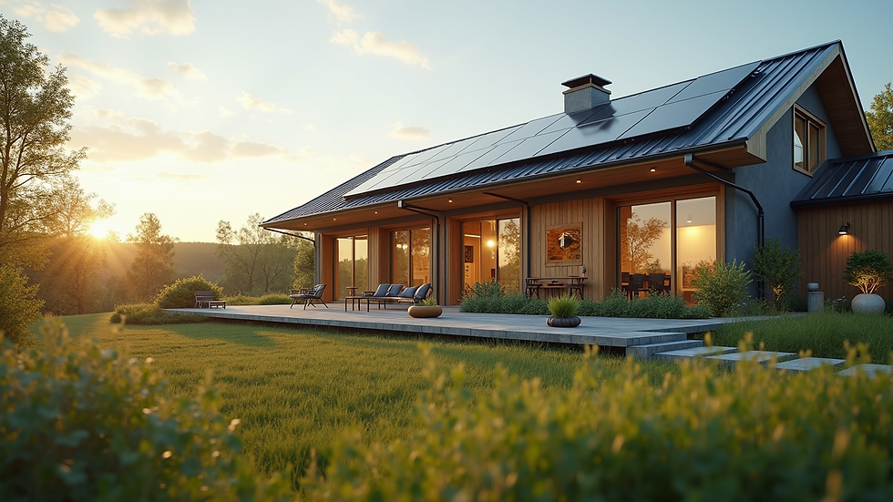 Eye-level view of a modern eco-friendly home with solar panels