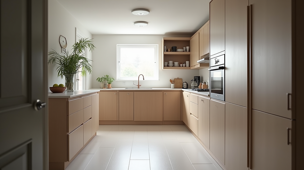Eye-level view of a modern kitchen with sleek cabinetry and bright lighting
