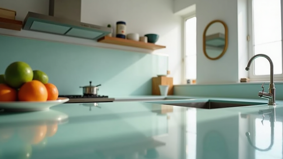 Eye-level view of a modern kitchen with recycled glass countertops