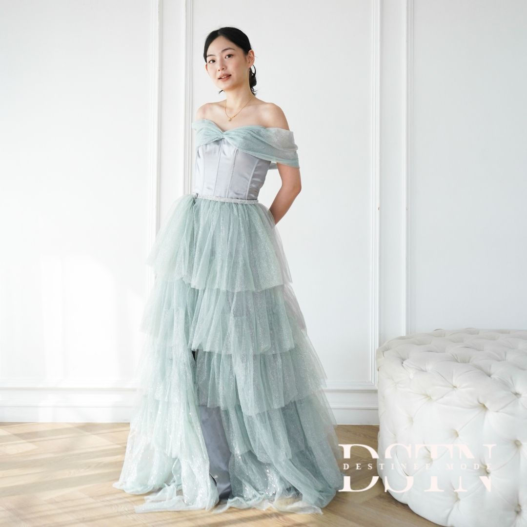 Sparkling Blue Semi Ball Gown Full Dress