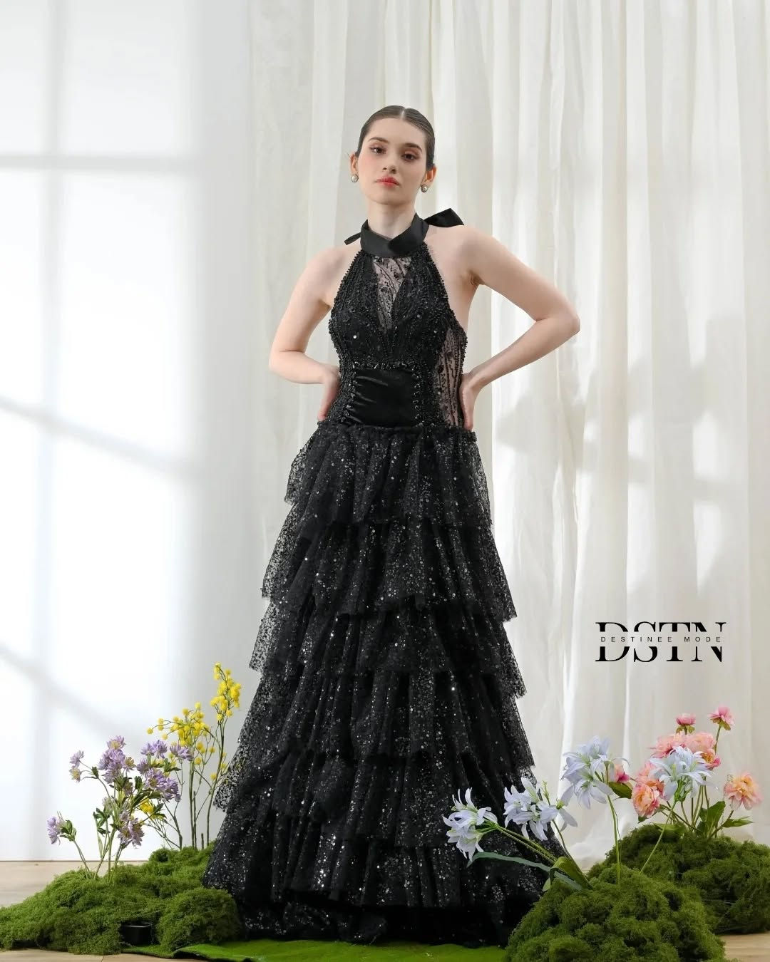 Black Halter Neck A Line Gown