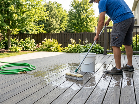 Homeowner cleaning a composite deck with a soft-bristle brush and soapy water in a New England backyard