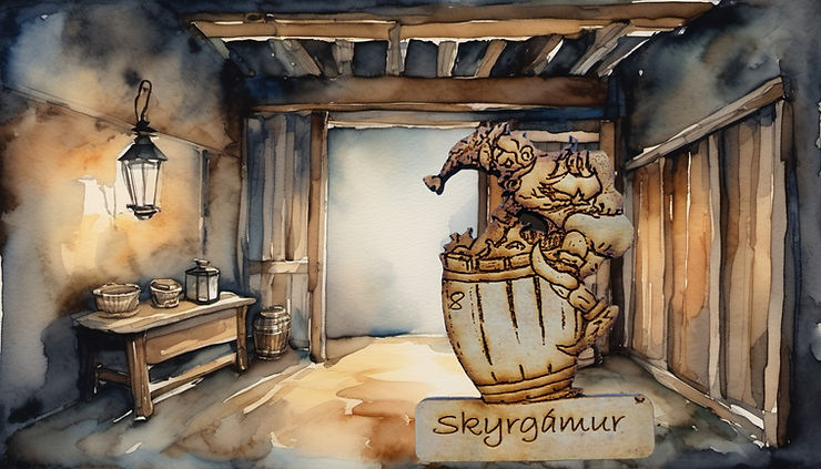 Skyrgámur breaking open a barrel of skyr