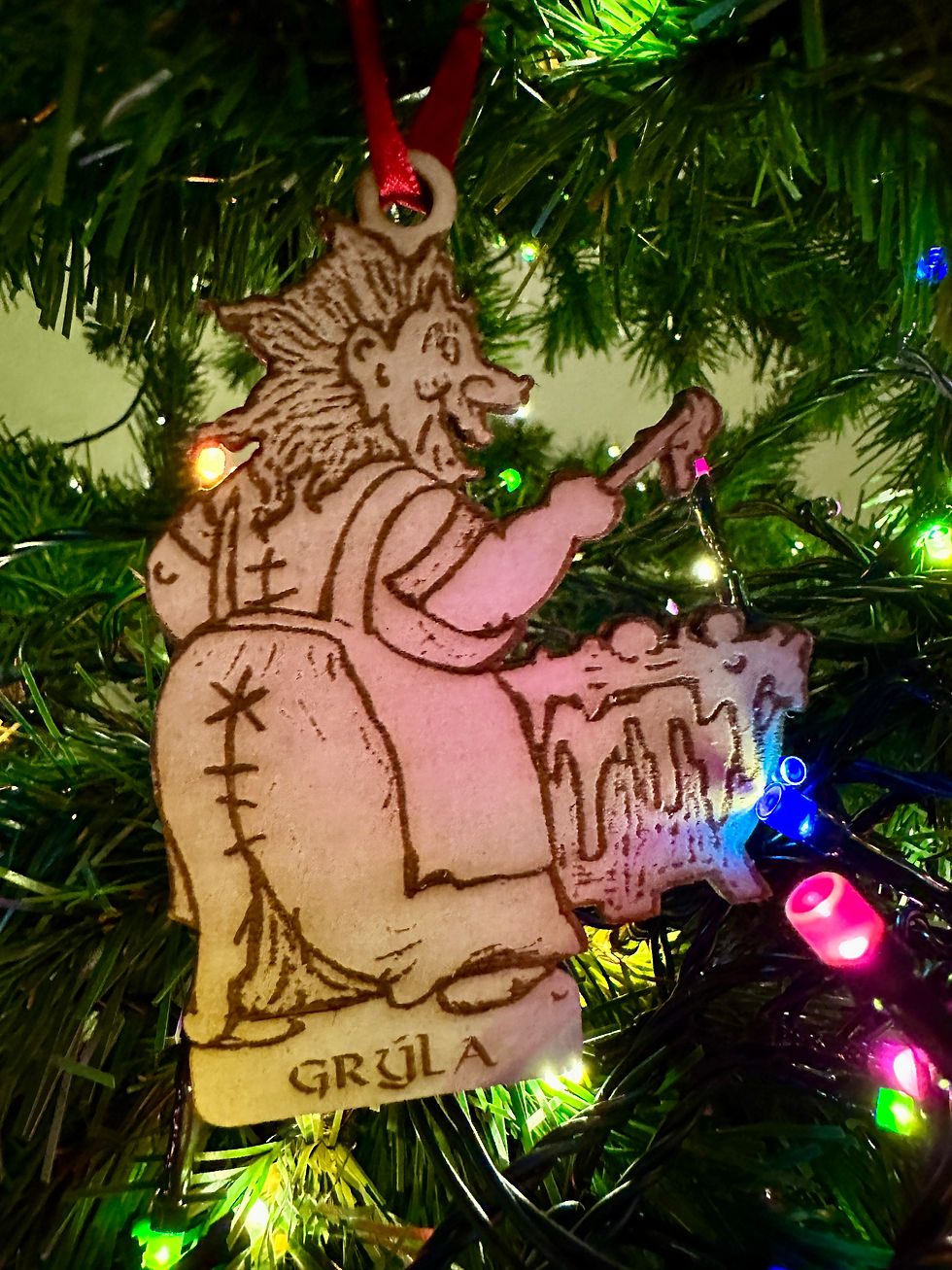 Thumbnail: Grýla ornament hanging on Christmas tree