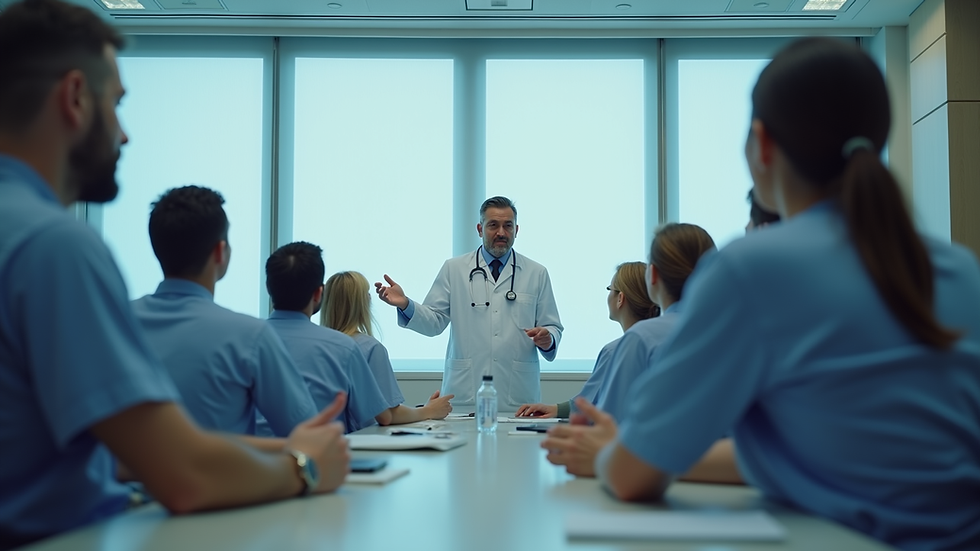 Eye-level view of a healthcare professional conducting a training session in a hospital conference room