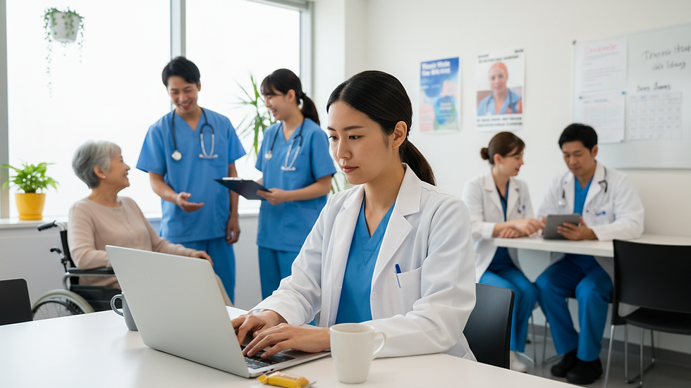 Eye-level view of a nurse working on a laptop in a hospital break room