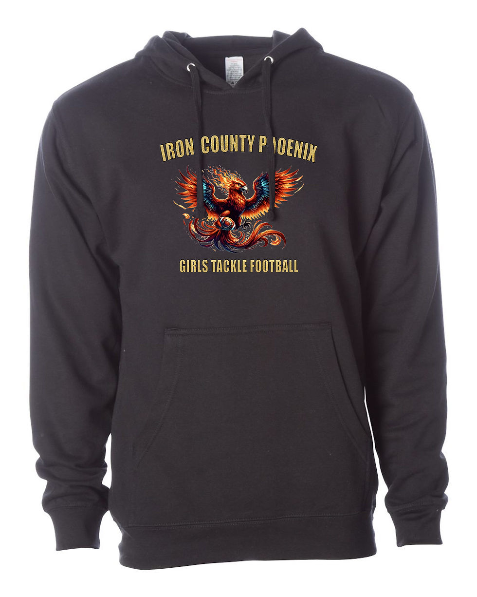 Thumbnail: Black hoodie with Iron County Phoenix Girls Tackle Football logo on the front.