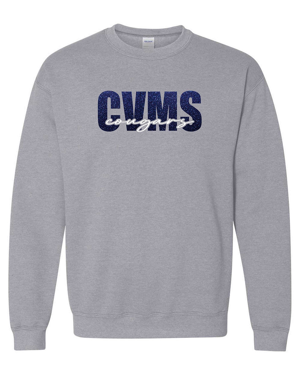 Athletic grey crewneck sweatshirt with CVMS cougars design in navy blue and white. 