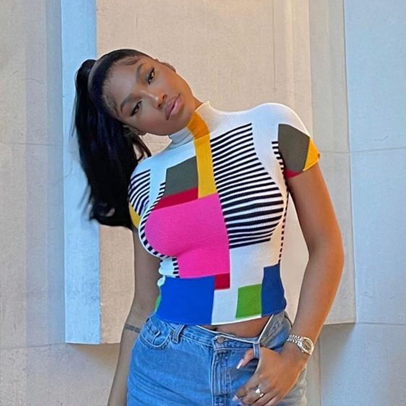 Thumbnail: Summer 2022 Casual Crop Top T Shirts Women High Neck Streetwear T Shirt Slim