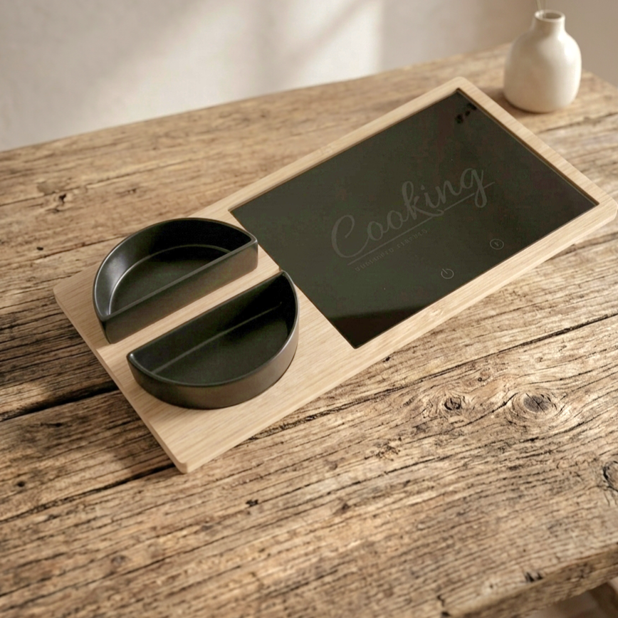 Tabla de Bamboo y vidrio negro 34x17 cuenco semi circular 