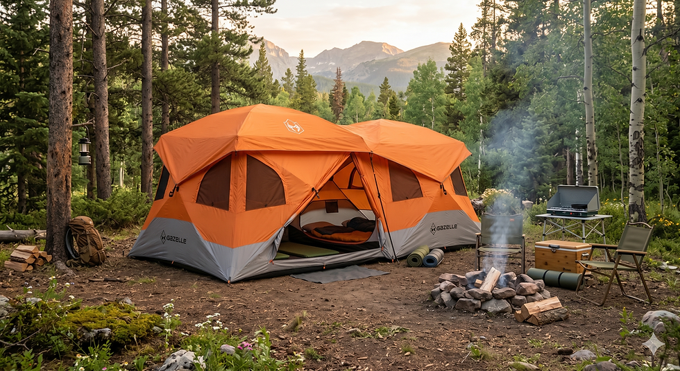 Large orange tent in a forest clearing with a campfire.