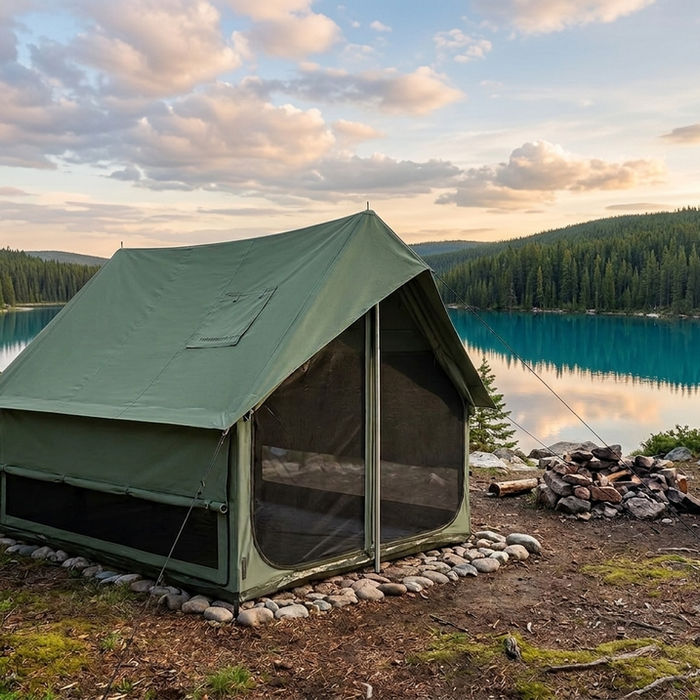 Green canvas tent at a lakeside campsite at sunset.