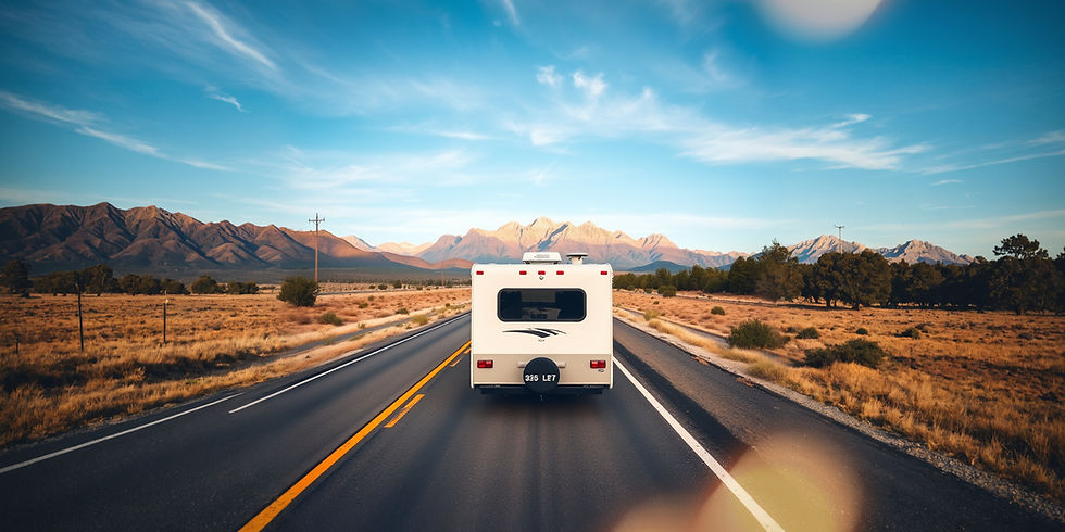 an open road with blue skies and mountian view with the back view of an rv trailer_edited.