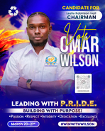 Campaign poster for Omar Wilson with leadership tagline and bold blue-purple background.