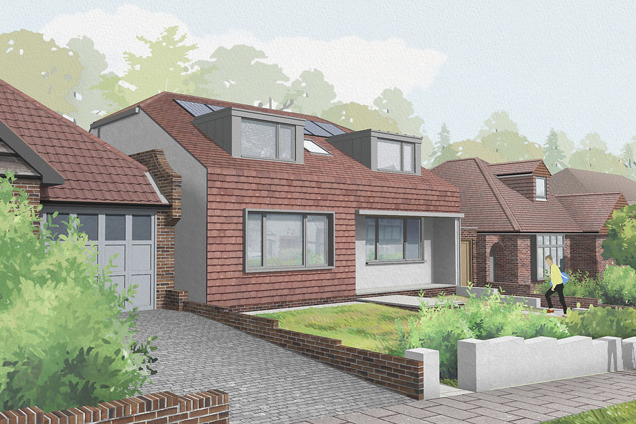 3D render of the first floor extension proposal from the street showing tiled roof and seamless eaves detailing