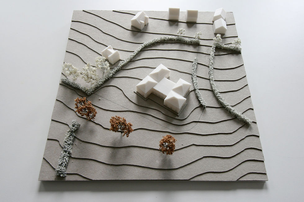 physical site model of the Hawkhurst Medical Centre Proposal showing the context in sketch form and the sloping site terrain.