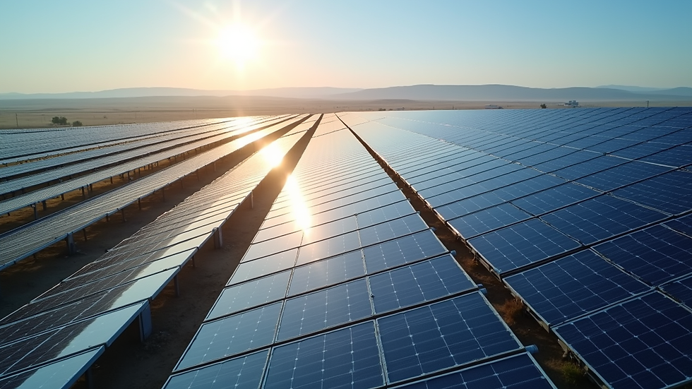 high angle view of a large solar power plant with rows of panels
