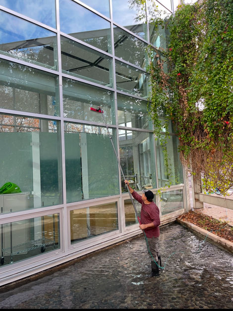 Commercial window cleaning with water-fed pole for spotless glass