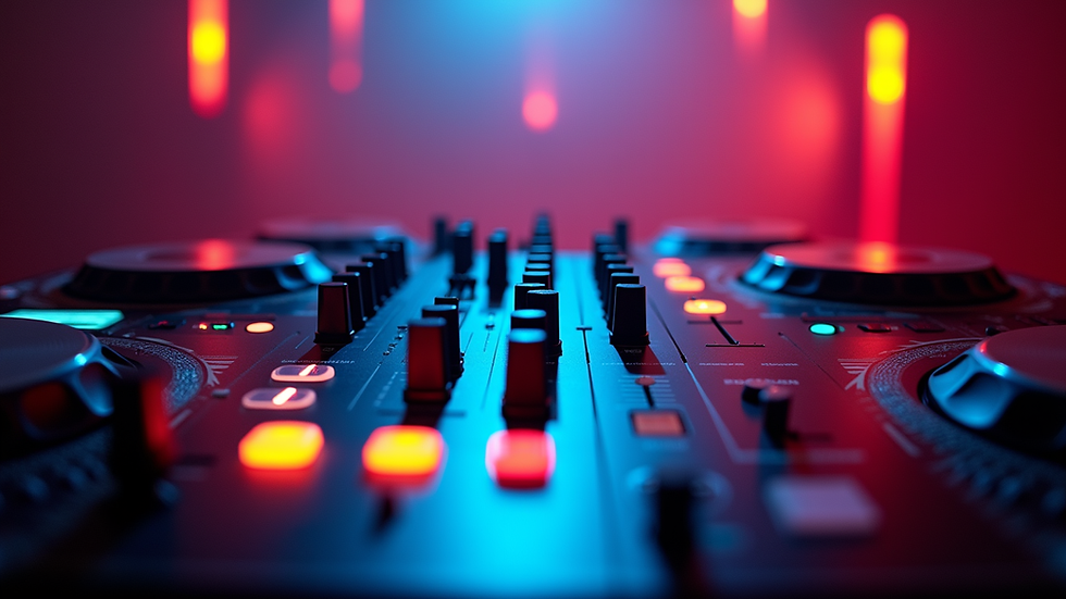 Eye-level view of a DJ setup with colorful lights