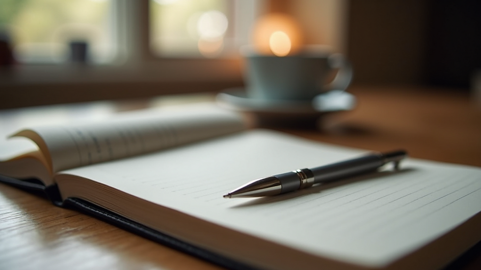 Close-up view of a journal and pen on a wooden table