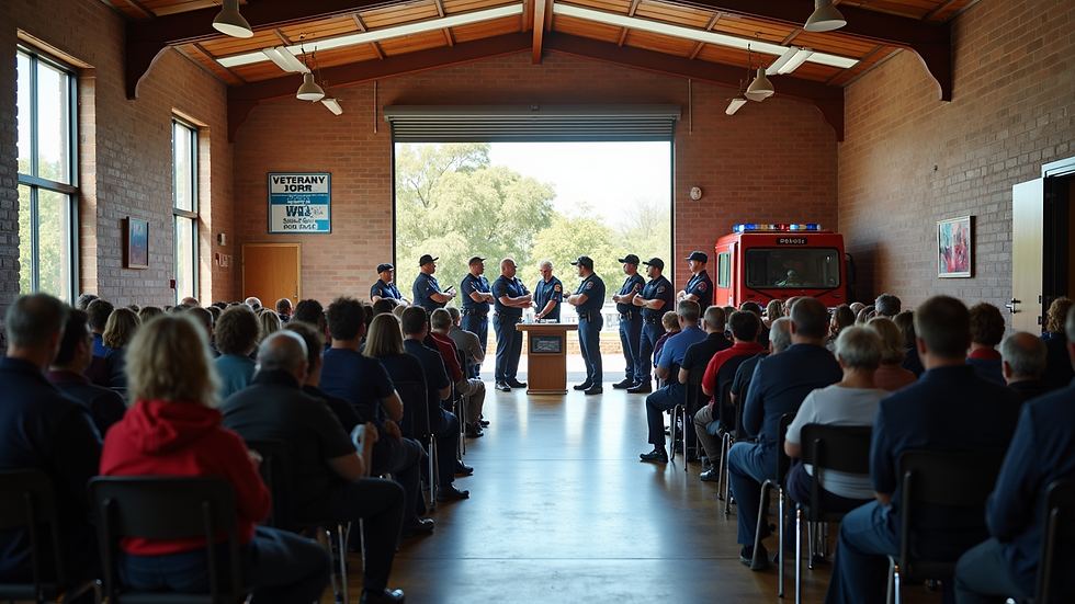 Eye-level view of a community centre with veterans gathering for support