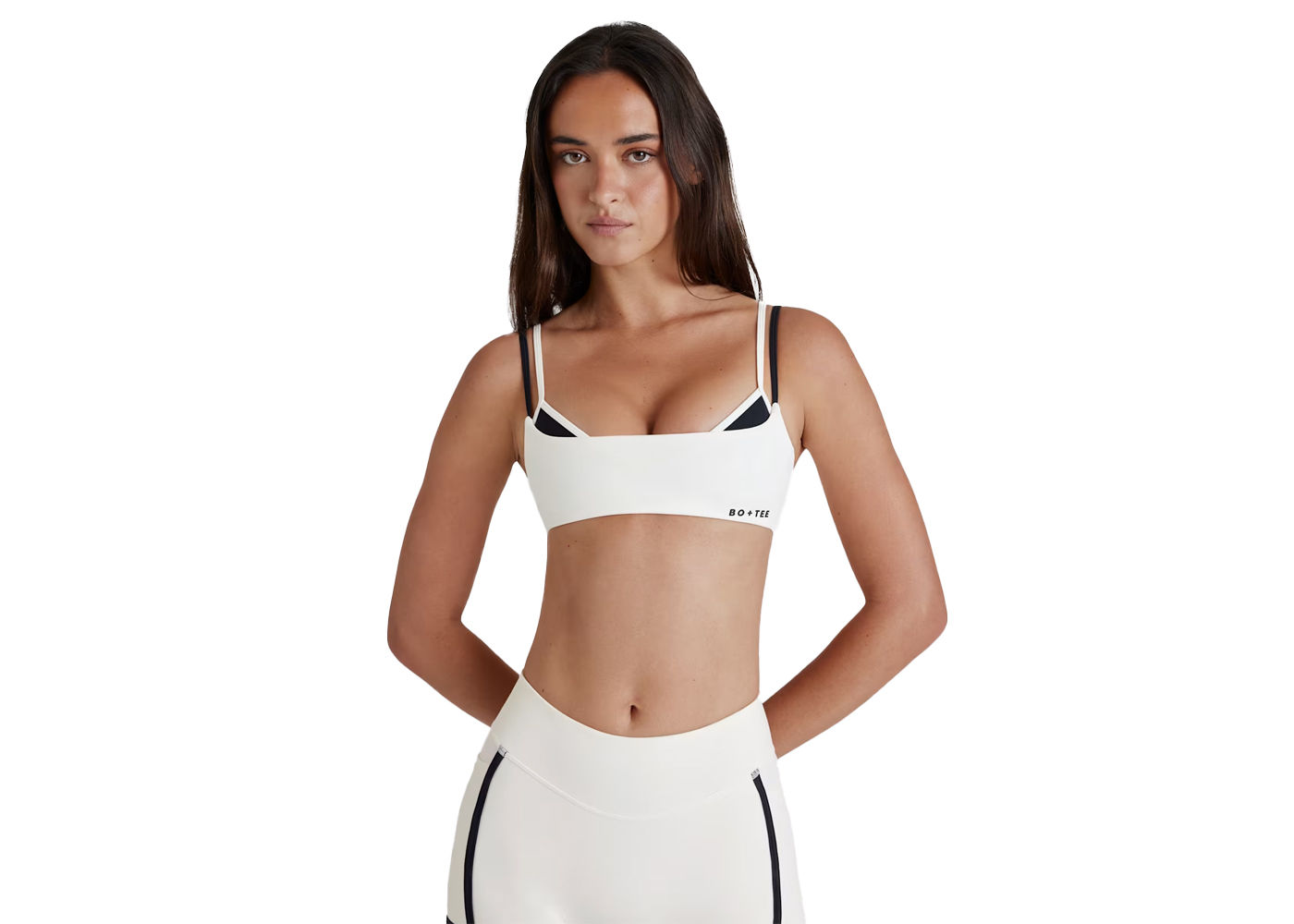 Bo+Tee Soft Active Twist-Black Layered Sports Bra Ivory
