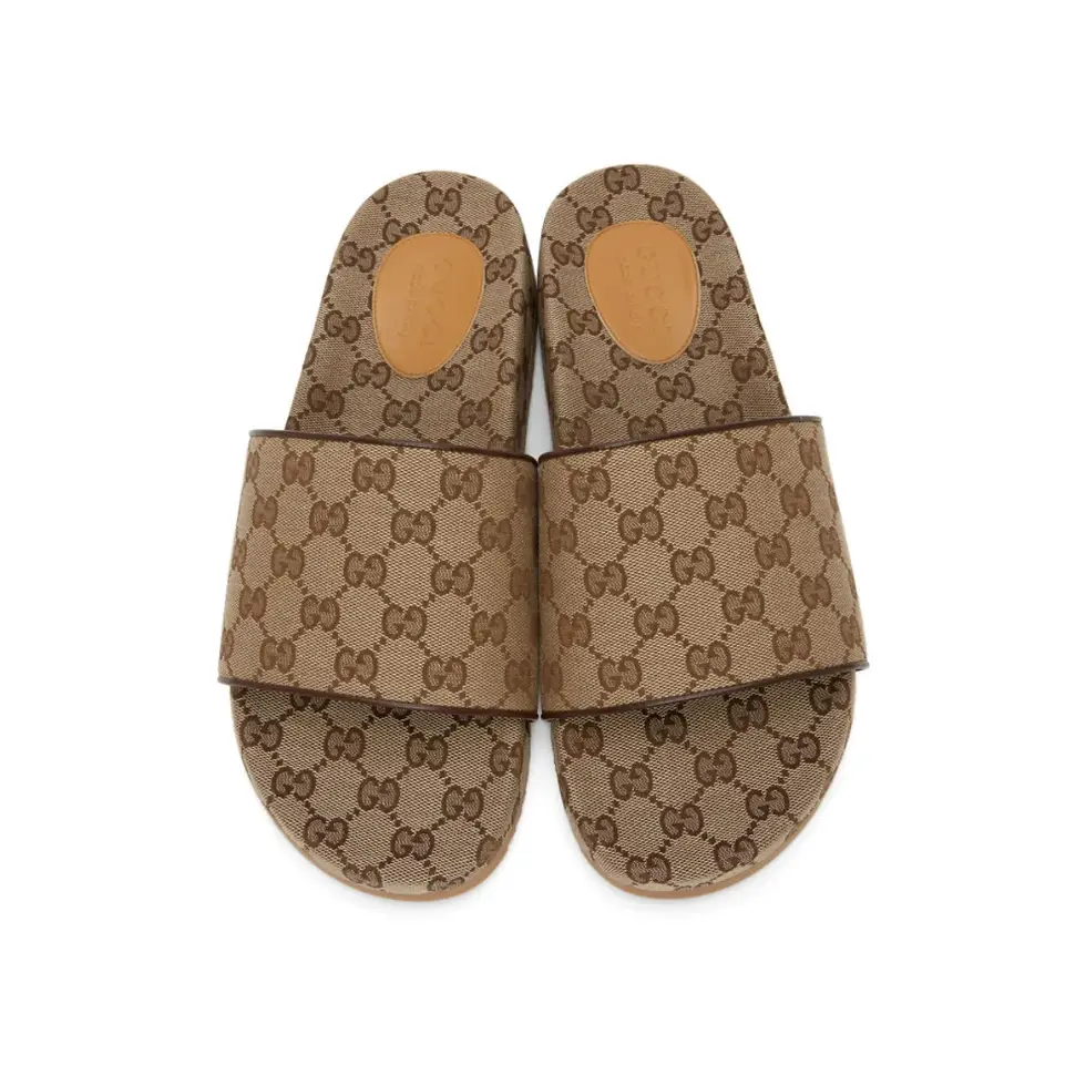 GUCCI Beige Canvas GG Slide Sandals