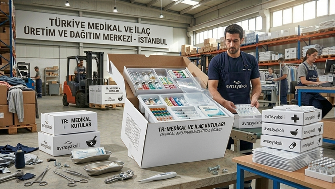 Sağlık sektörü ve ecza depoları için özel üretilen beyaz kuşe kaplı medikal kutu modelleri, ilaç taşıma kolileri ve avrasyakoli İstanbul medikal ambalaj dağıtım merkezi.