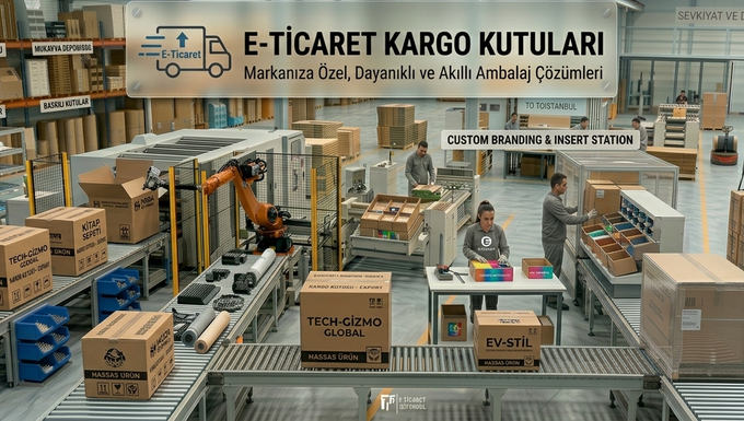 Online satış markalarına özel ambalaj çözümleri, mukavva deposundan konveyör hattına gelen baskılı kargo kolileri, kitap sepeti ve tekstil kutusu imalat süreçleri