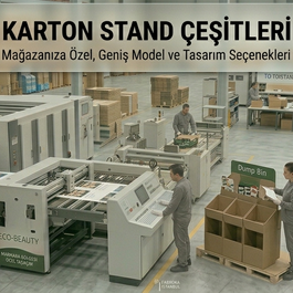 Mağazalara özel karton stand çeşitleri ve modelleri imalatı, oluklu mukavva ambalaj fabrikasında çalışan operatörler ve montajı yapılan sergileme standları.