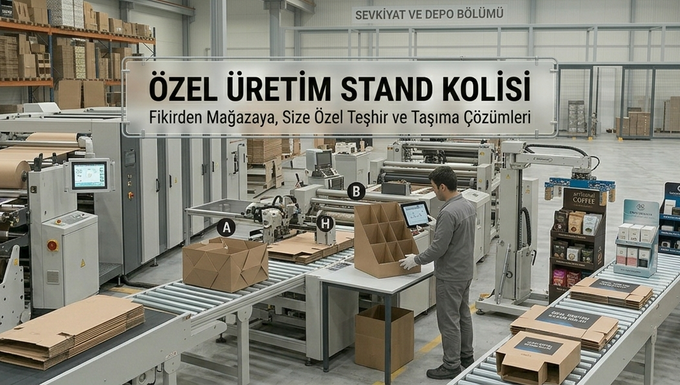 İstanbul'da firmaya özel üretim stand kolisi imalatı yapan ambalaj fabrikasında karton teşhir standı kesim makinesi ve sevk edilmeye hazır logolu büyük koliler.