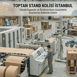 İstanbul'da toptan stand kolisi imalatı yapan ambalaj fabrikasında yüksek kapasiteli oluklu mukavva üretim hattı ve ürün teşhir standı kolileri bannerı.