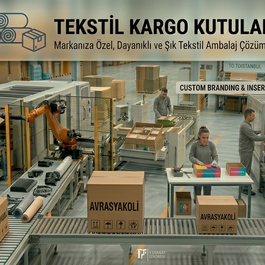stanbul merkezli Avrasyakoli markasına ait tekstil kargo kutularının üretildiği, otomatik robotik kollar, konveyör hatları ve özel markalama istasyonlarının bulunduğu modern ve yüksek kapasiteli bir koli fabrikasının panoramik görüntüsü.