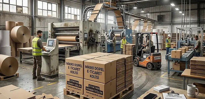 İstanbul’daki karton ambalaj fabrikasında üretilen mikro dopel e-ticaret koli kutuları, üretim hattı, çalışan işçiler ve paletler üzerinde stoktan teslim sevkiyata hazır ürünler.
