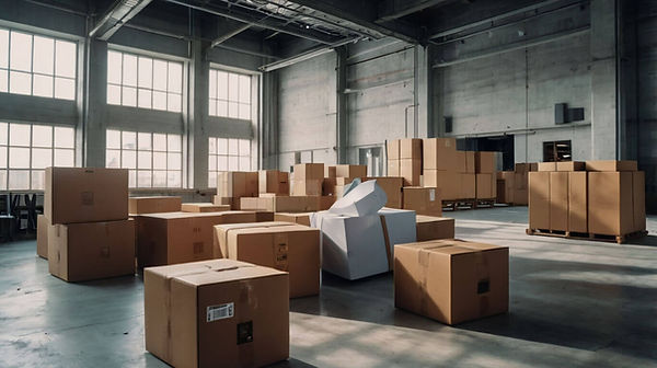 Büyük bir depoda istiflenmiş çeşitli koliler