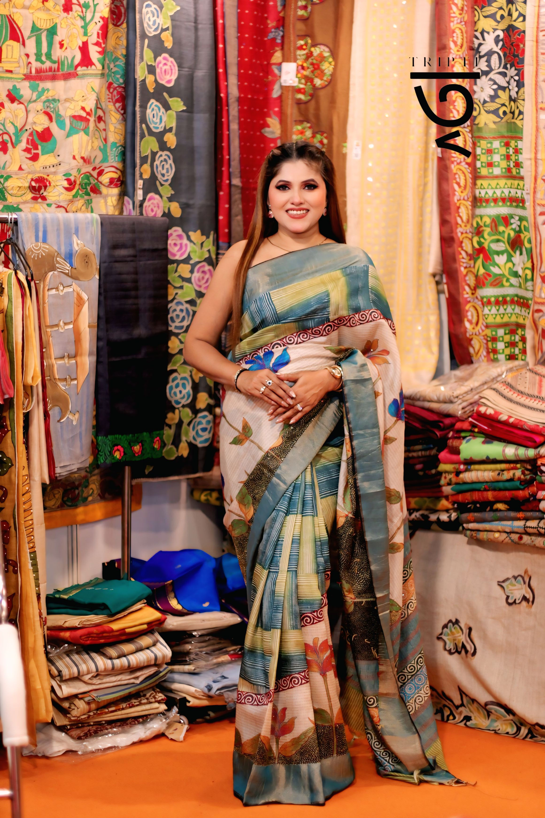 Hand-Printed Saree with Kantha Work