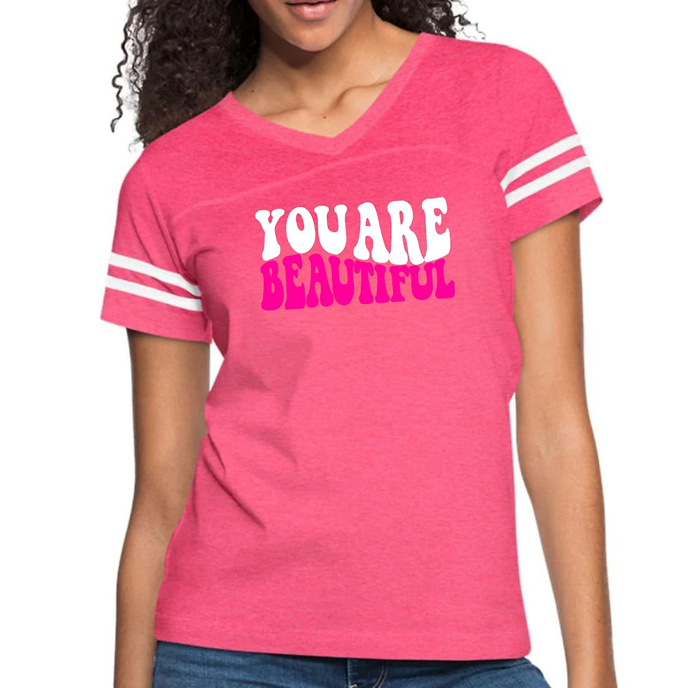 Miniatura: Womens Vintage Sport Graphic T-shirt, you are Beautiful Pink White