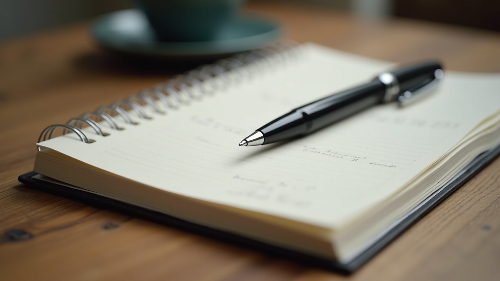 Close-up view of a journal and pen on a wooden desk