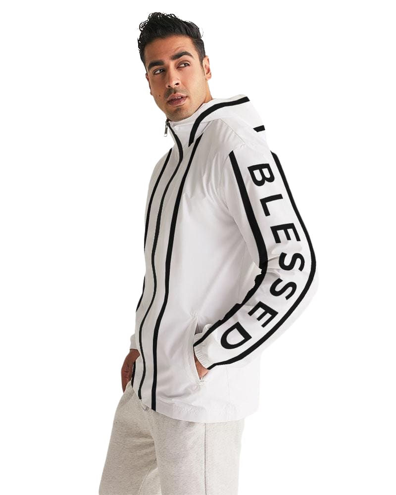 Thumbnail: Mens Hooded Windbreaker - Blessed Sleeve Stripe White Water Resistant