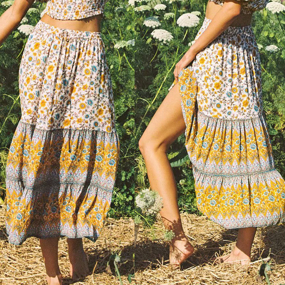 Printed Elastic High Waist Long Cotton Skirt