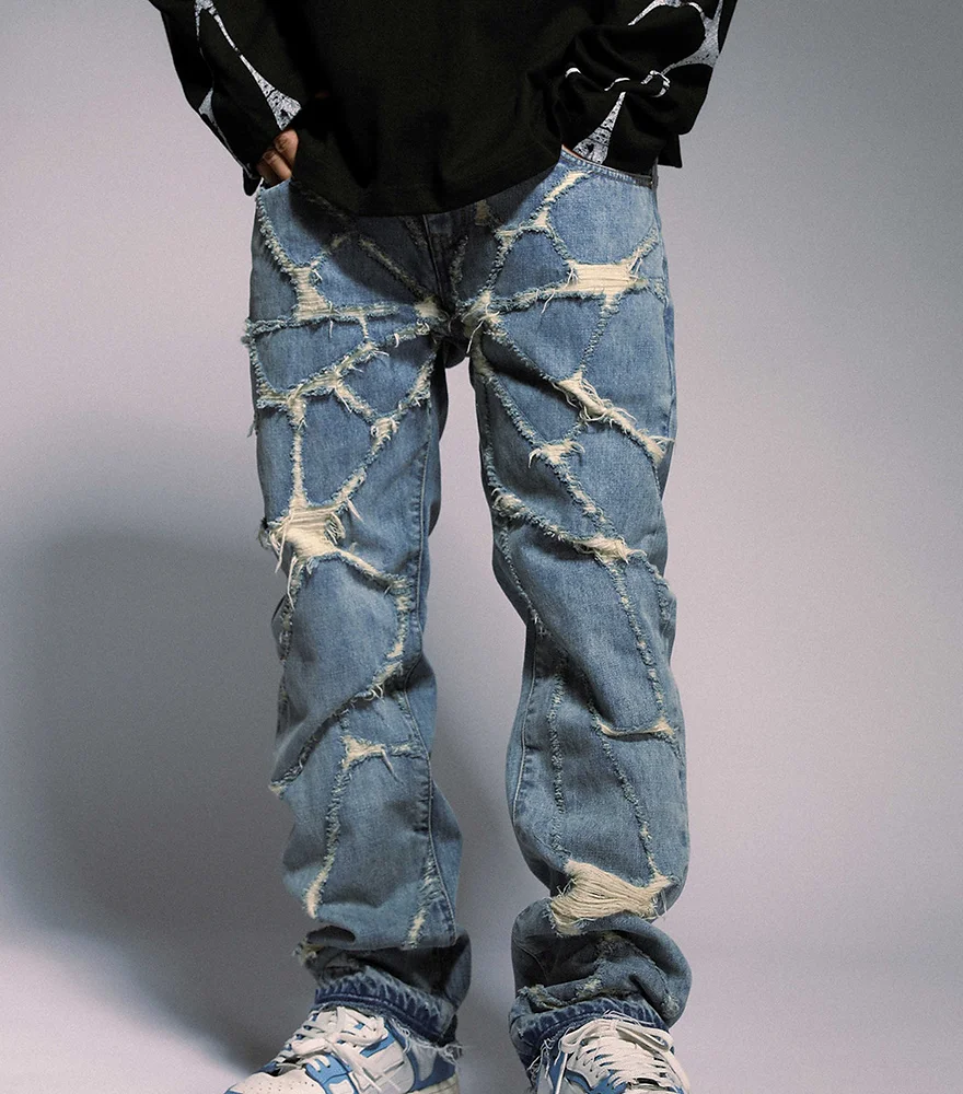 Spider Web Straight Leg Jeans - Unique and stylish jeans featuring a spider web design, perfect for adding a touch of edge to your outfit.