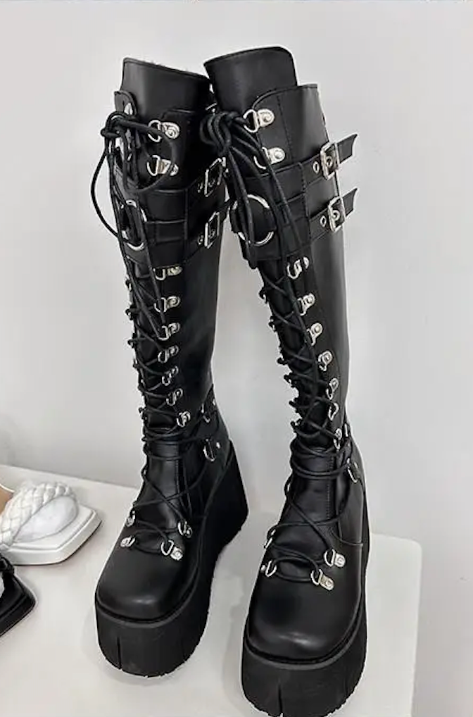 Dramatic Steps: Gothic Platform Wedge Heel Boots - Make a bold statement with these edgy and stylish platform wedge heel boots. 🖤👢