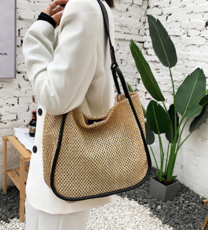 Thumbnail: Contrast-Braid Woven Summer Buckle Tote