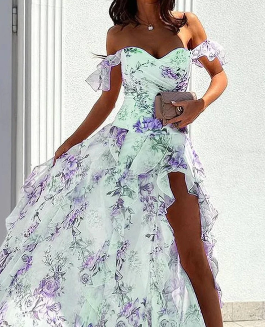 Thumbnail: Aura Velocity – Floral Radiance Off-Shoulder Elegance Dress